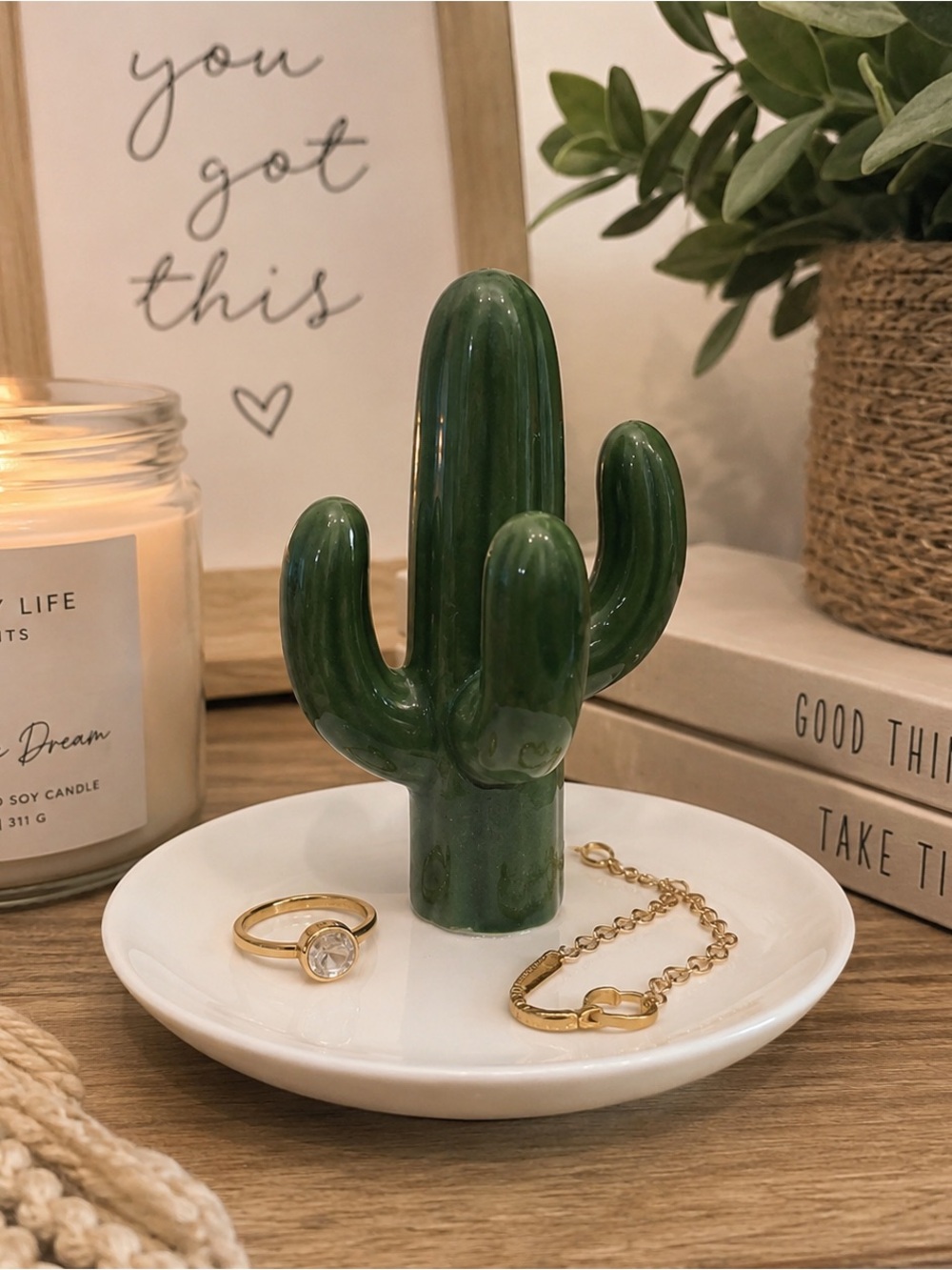 Green Cactus Ceramic Jewelry Holder Trinket Dish